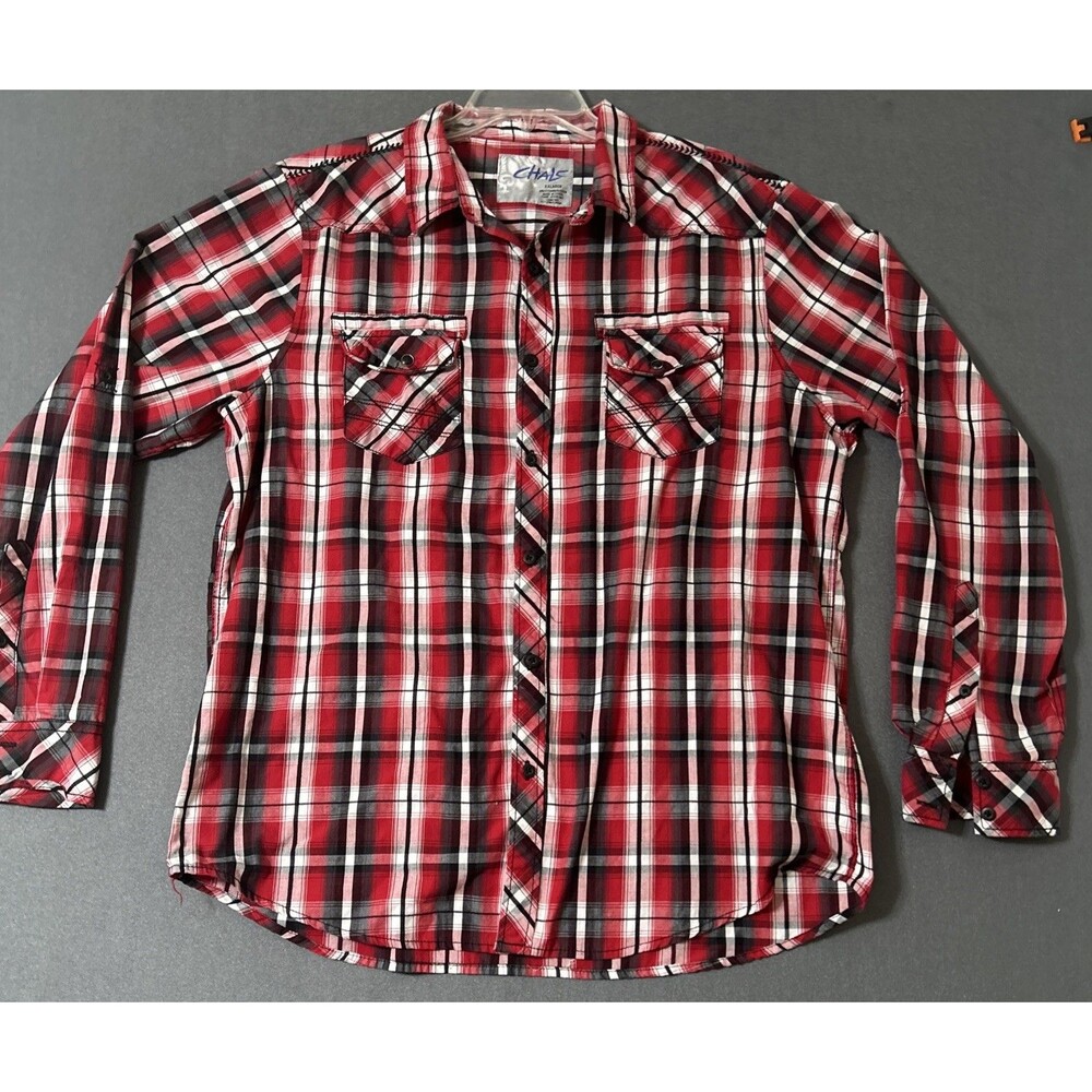 Chals Fame Jeans Inc Mens 2XL Western Shirt Red Black Plaid Long Sleeve